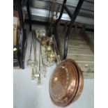 A selection of vintage fireside items including brass companion set