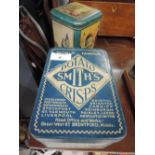 Two vintage collectable tins Smith's potato crisps and scenes of London, Big Ben, Trafalgar,