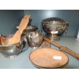 A selection of treen, plated and metal ware including loving spoons