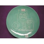 A vintage ceramic display plate with cat and kitten design marked VJP to rear