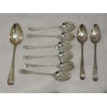 Two Georgian silver teaspoons having bright cut decoration and monogrammed KBS to terminals,