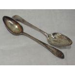 A pair of Georgian Scottish silver table spoons of plain form bearing monogram to terminals,