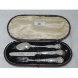 A Victorian silver child's 3 piece cutlery set having moulded handles and engraved decoration,