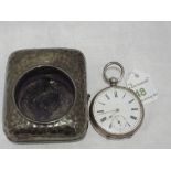 A white metal key wound pocket watch stamped stamped 935 having Roman numeral dial and subsidiary