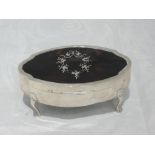 A silver dressing table box having tortoise shell hinged lid with silver pique inlay decoration,