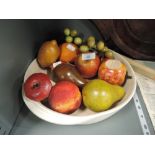 A selection of vintage turned and carved wood fruit and similar