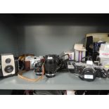 A selection of cameras and equipment including Olympus OM10, Fuji S7000, Agfa, Kodak Brownie