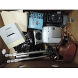 A box of cameras and equipment including a Yashica, a planet 2 slide viewer etc