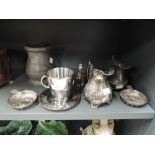 A selection of vintage metal plated and pewter wares including touch mark Quart tankard