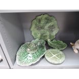 A selection of vintage ceramic Majolica leaf design plates