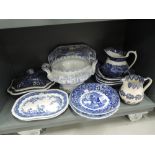 A selection of vintage blue and white ware ceramics including Copeland Wedgwood etc