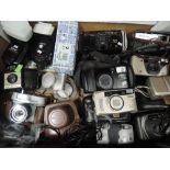 A box of various cameras, Nikon, Halina, Leica and flashguns