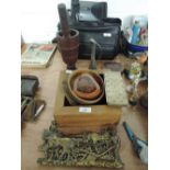 A selection of vintage hardware including wooden mortar and pestle