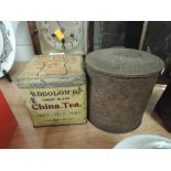 Two vintage advertising tea tins Absolom's China tea and similar pressed body tin