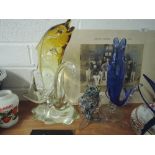 A selection of vintage fish including Murano style and two tone yellow and clear splash style