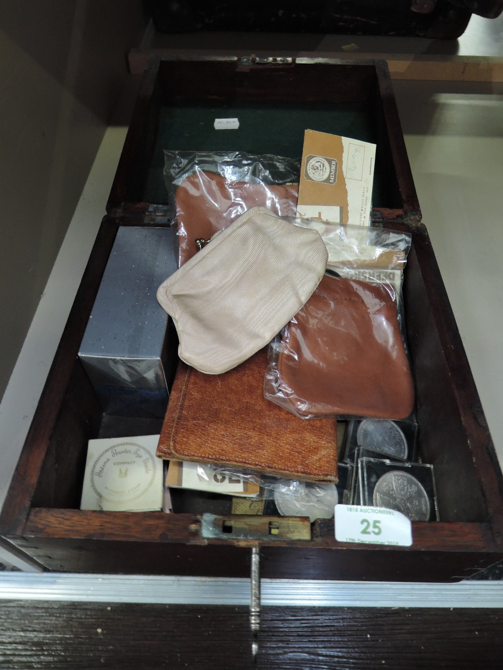 A selection of hardware and lockable treen wood case