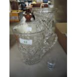 A selection of clear cut crystal glass wares jug and vase
