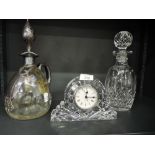 A selection of clea cut and crystal glass wares including Waterford mantle clock
