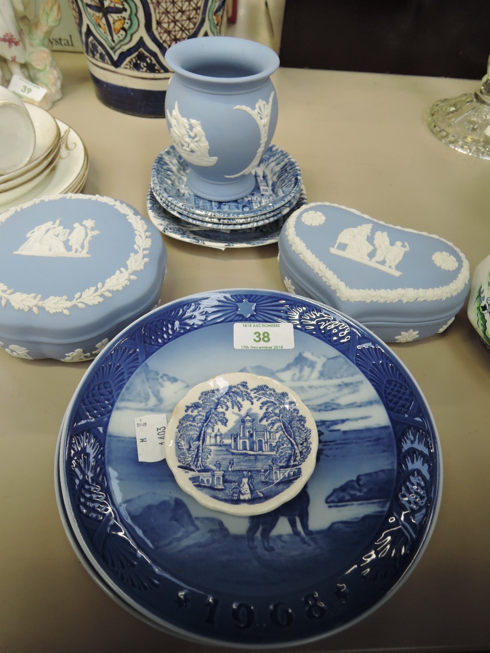 A selection of blue and white ware ceramics including Wedgwood Jasperware