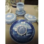 A selection of blue and white ware ceramics including Wedgwood Jasperware