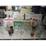 A selection of party wine and spirit glasses including Venetian, boxed and transfer printed