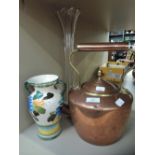 A hand painted vase with twin handles similar glass vase and copper stove kettle