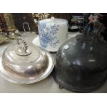 A selection of tureens including blue and white ceramic and pewter lid