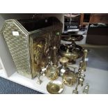 A selection of brass wares including magazine rack and footed bowl