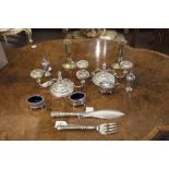 A MISCELLANEOUS COLLECTION OF SILVER PLATE, including a five piece condiment set in the Georgian