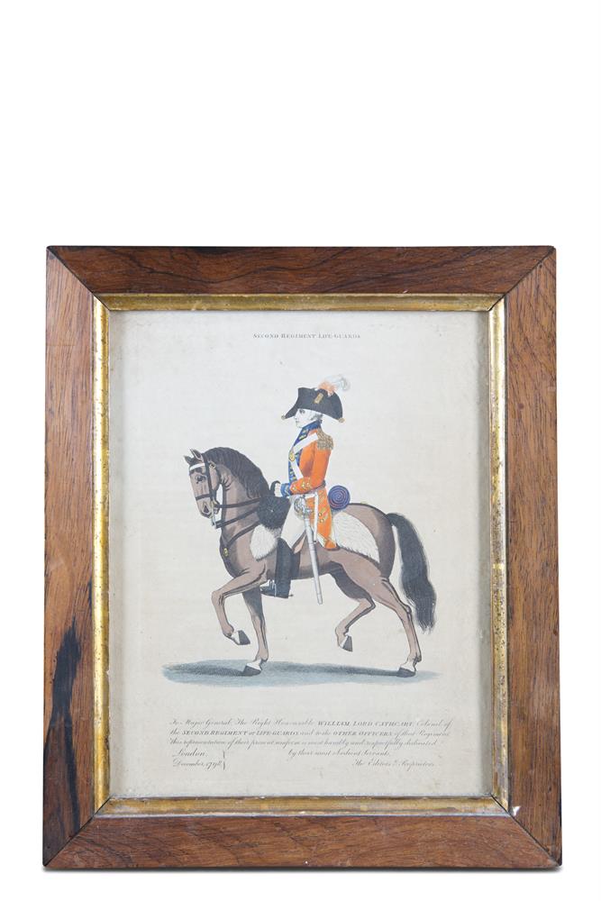 A 19TH CENTURY ROSEWOOD FRAMED MILITARY PRINT, titled Second Regiment Lifeguards; together with