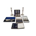A MISCELLANEOUS COLLECTION OF SILVER PLATED TABLE WARE, comprising a pair of neo-classical style