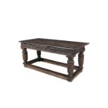 AN 18TH CENTURY (AND LATER) STAINED AND CARVED OAK RECTANGULAR REFECTORY DINING TABLE WITH DRAW