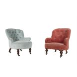 TWO VICTORIAN MAHOGANY AND BUTTON BACK UPHOLSTERED EASY CHAIRS, one covered in coral red fabric, the