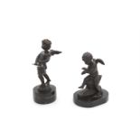 TWO MODERN BRONZE FIGURES OF MUSICAL CHERUBS, after Augustus Moreau, one seated holding a bow, the