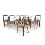 A SET OF EIGHT MAHOGANY AND SATINWOOD DINING CHAIRS OF SHERATON DESIGN, first half 19th century,