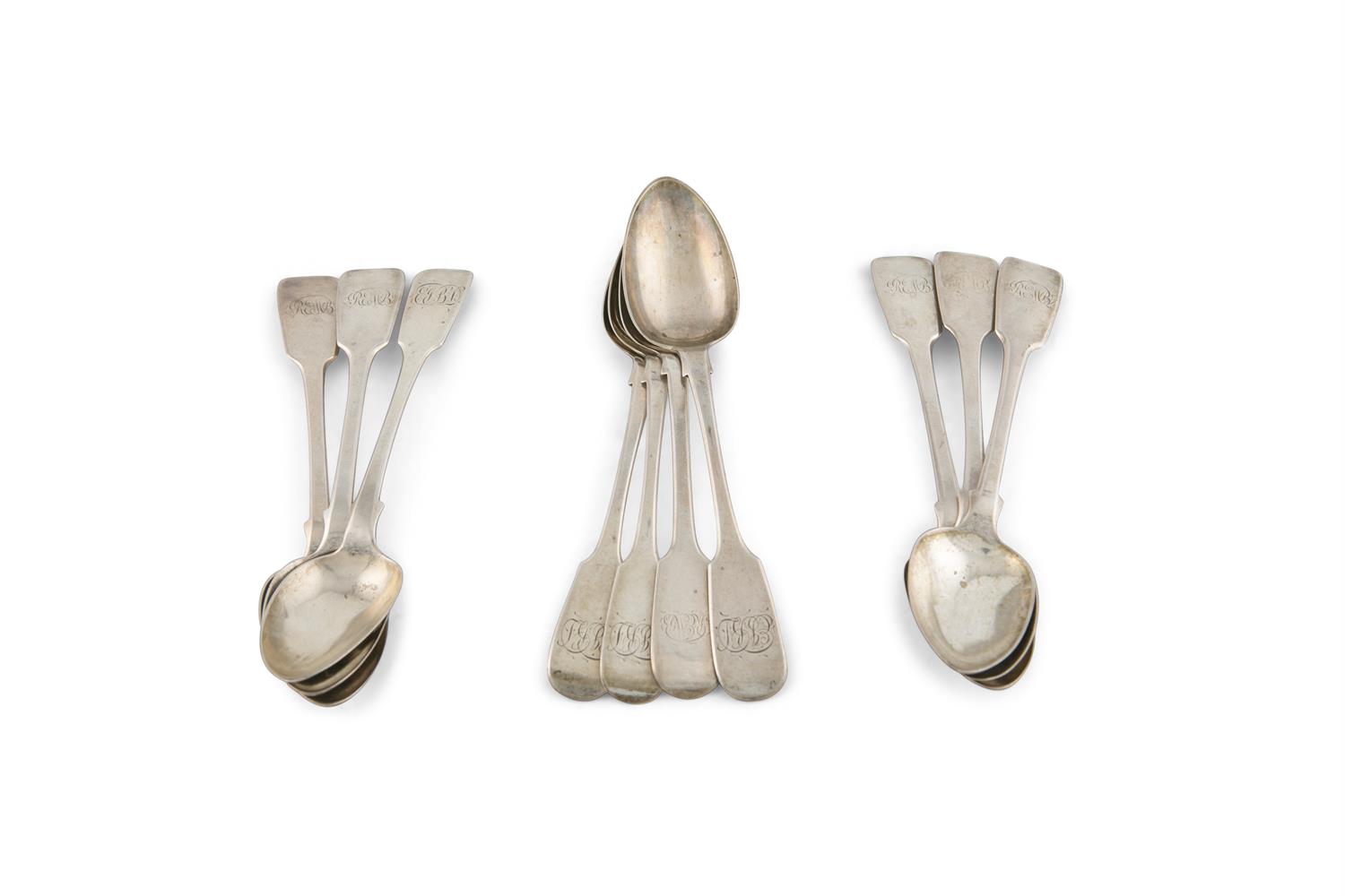 A MATCHED SET OF TEN VICTORIAN IRISH SILVER FIDDLE PATTERN TEASPOONS, Dublin, various dates and