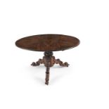 A VICTORIAN ROSEWOOD CIRCULAR BREAKFAST TABLE, the top with central starburst motif, raised on
