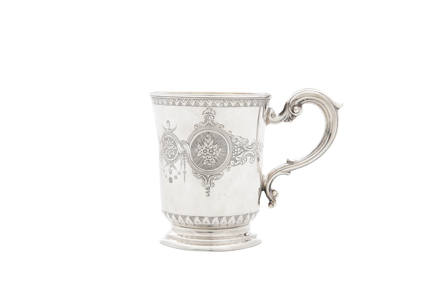 A VICTORIAN BRIGHT CUT SILVER CHRISTENING MUG, Sheffield c.1850, mark of James Dixon & Son, with 'c'