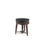 A VICTORIAN MAHOGANY AND UPHOLSTERED PIANO STOOL, of circular form with revolving seat, on fluted