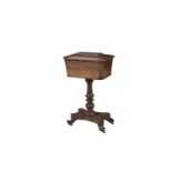 A REGENCY ROSEWOOD SARCOPHAGUS SHAPED TEAPOY, the domed top lifting to reveal a four caddy interior,