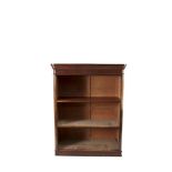 A VICTORIAN MAHOGANY OPEN BOOKSHELF, of plain design, with moulded cornice above three shelves.