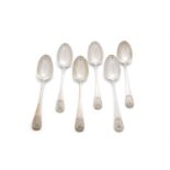 A MATCHED SET OF SIX MID VICTORIAN TAPER HANDLE SOUP SPOONS, London 1876 (3) and 1877 (3), mark of