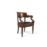 A WILLIAM IV MAHOGANY FRAMED AND HIDE UPHOLSTERED OPEN ARMCHAIR, with solid tub shaped crest rail