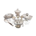 A GOOD COLLECTION OF SILVER PLATED ITEMS, including various entree dishes; a circular soup tureen;