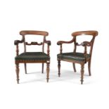 A PAIR OF EARLY VICTORIAN MAHOGANY FRAMED OPEN ARMCHAIRS, with plain crest rails, scrolling back