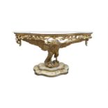 A LARGE VICTORIAN GILTWOOD AND GESSO CONSOLE TABLE, the bow-fronted marble top above a pierced