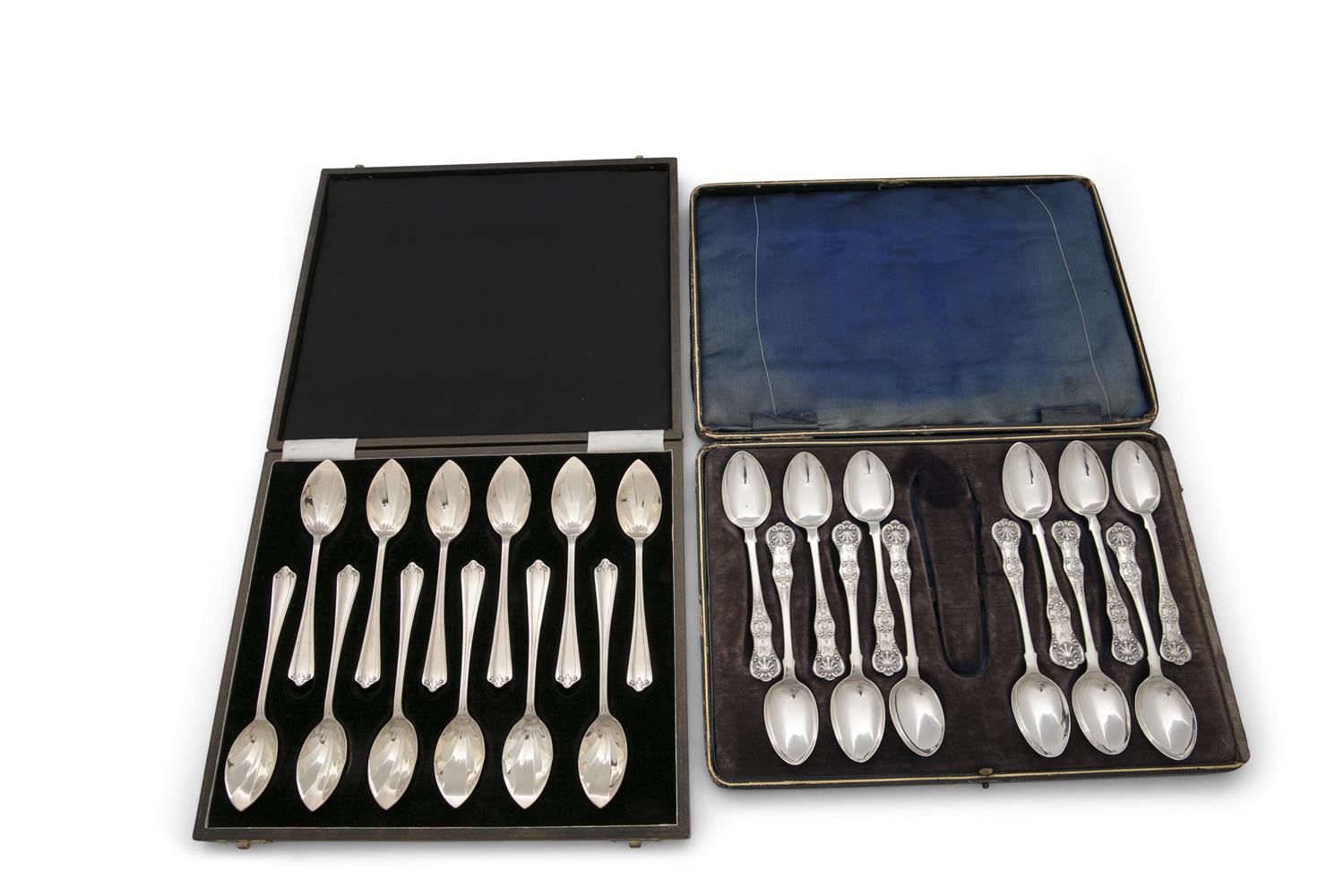 TWO SETS OF SILVER SPOONS, comprising a cased set of twelve mid Victorian Scottish teaspoons,