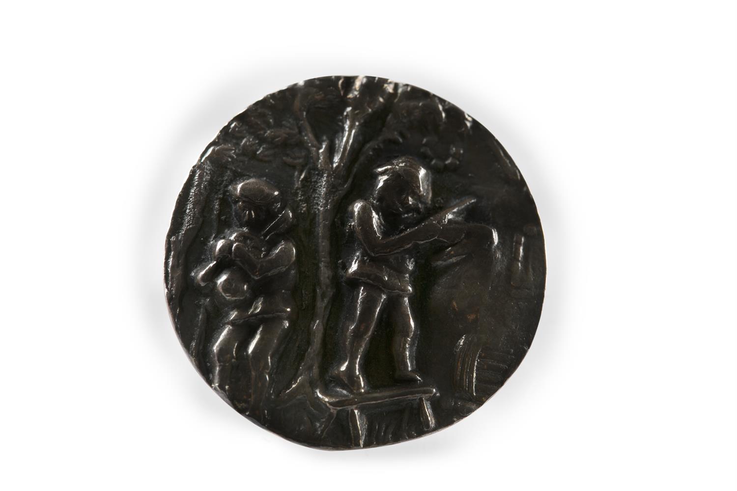 A GROUP OF SIX SILVER CIRCULAR BUTTONS, each cast in low relief of figures of a fiddler and a - Image 2 of 2