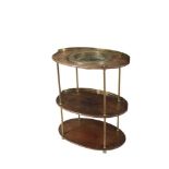 A 19TH CENTURY MAHOGANY AND BRASS CAMPAIGN WASHSTAND with three tiers. 88cm high