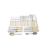 A SET OF SIX VICTORIAN SILVER PLATED FISH KNIVES AND SIX MATCHING FORKS, with bone handles and